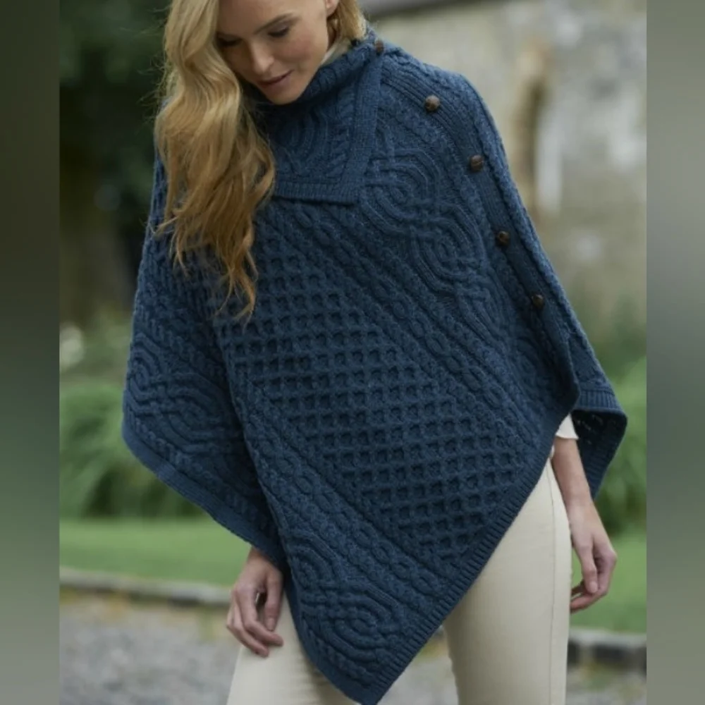 Aran Crafts Ireland Mallard Blue Cable Knit Merino Wool Cowl Poncho Sweater - 10 - Picture 1 of 10